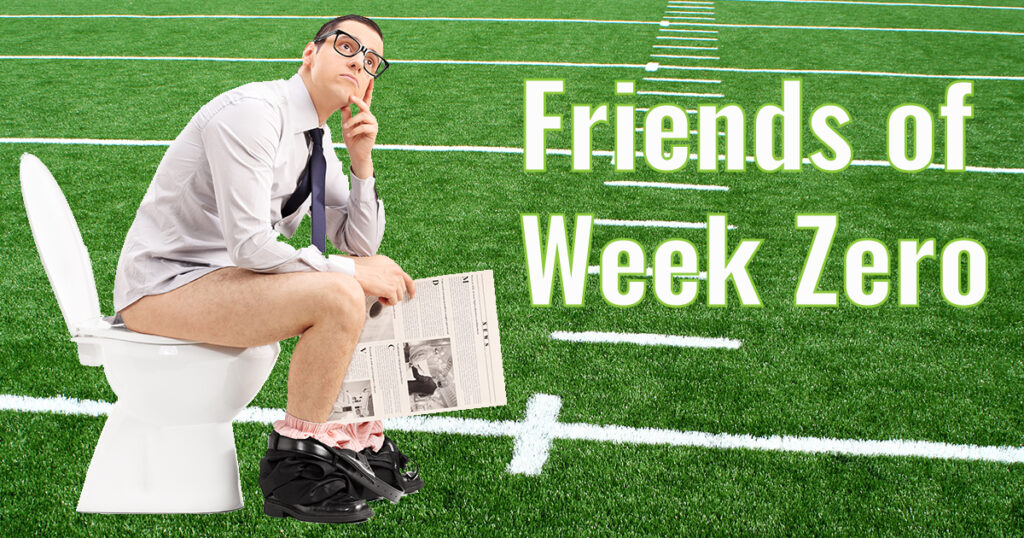 Friends of Week Zero Sports & Other Stuff Podcast - Man sitting on toilet pondering something he read in the paper.... on a football field!
