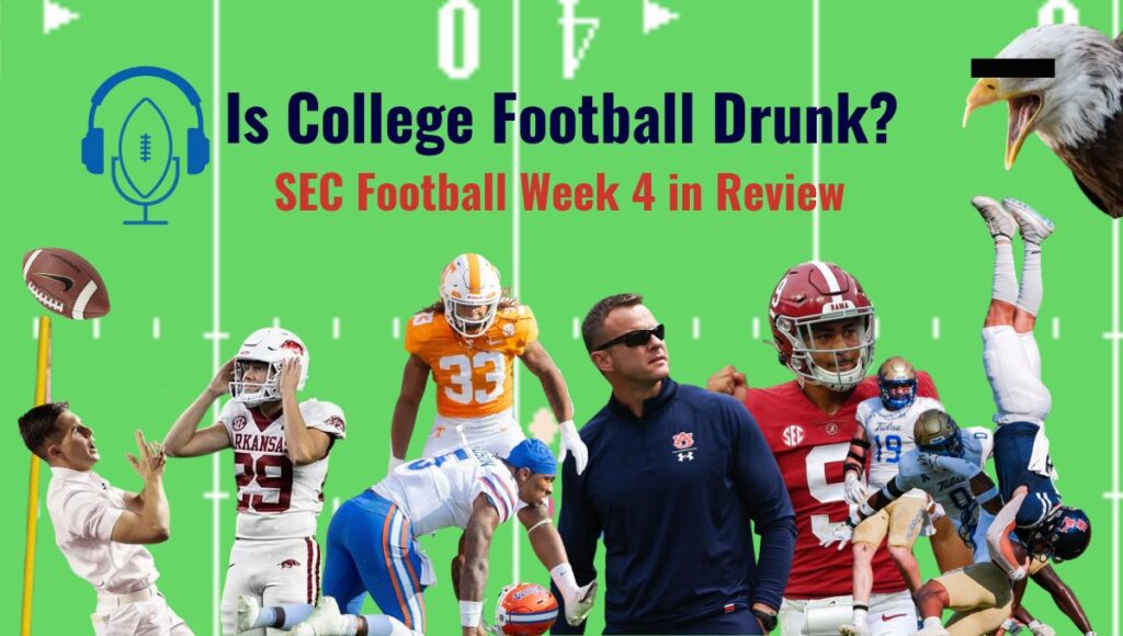 Auburn’s War Eagle blocks his eyes in shame as coach Harsin looks up in horror. They are accompanied by other scenes from around the SEC football Saturday.