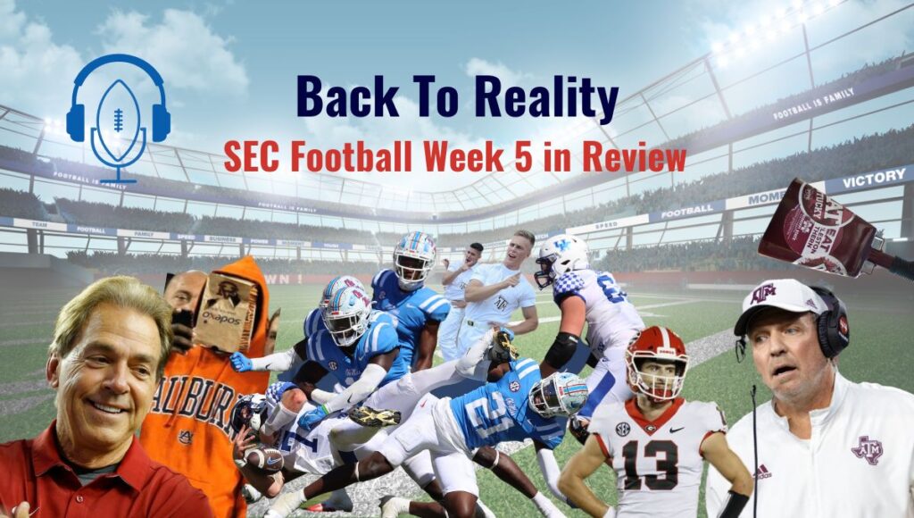 Nick Saban smiles across the screen as Jimbo Fisher gets bonked on the head by a cowbell. Stetson Bennet and an Auburn fan with a bag over his head are sad as Ole Miss mobs the Kentucky QB.