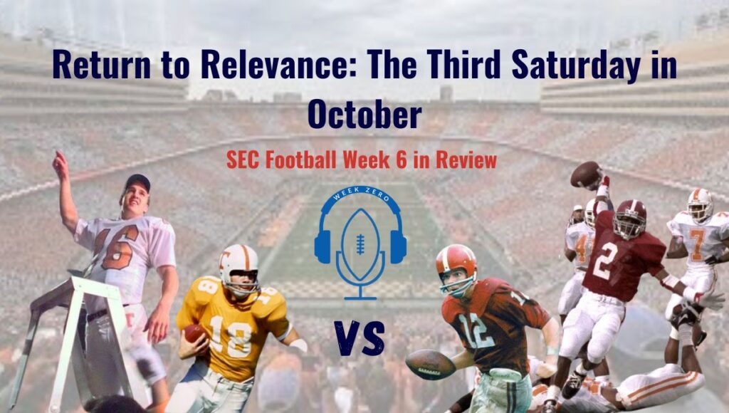 Peyton Manning leads the band and David Palmer scores a touchdown. Tennessee and Alabama are represented by players from an older era versus each other.